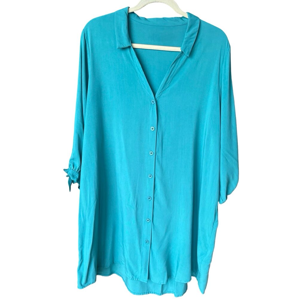 NWT Cupshe Teal Button Up Top with Bow Tie Sleeves - Size Large
